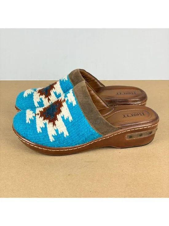 Born Bandy Blanket Mules Clogs Womens 9 Brown Blue White Slip On - Picture 11 of 11